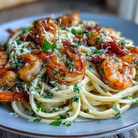 Vibrant lemon garlic shrimp pasta with juicy shrimp, zesty lemon, and parsley, served on a white plate for a fresh spring dinner.  