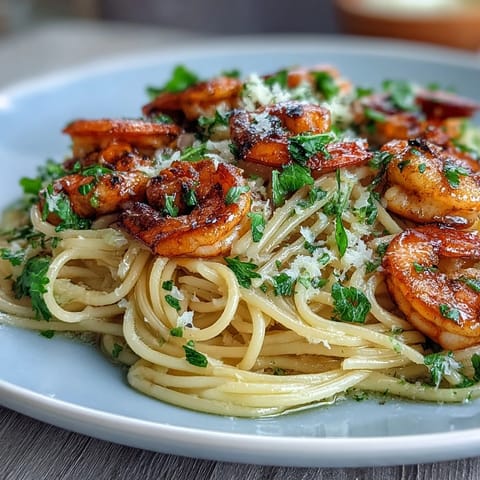 Spring dinner party lemon garlic shrimp pasta in a light garlic-lemon sauce, garnished with parsley and ready to impress guests.  