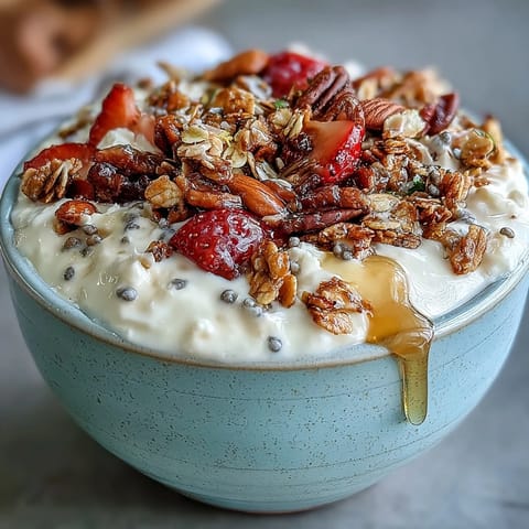 Creamy cottage cheese breakfast bowl with fresh strawberries and crunchy granola, perfect for a healthy start to your day.