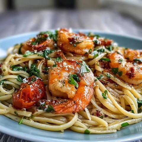 A steaming bowl of one-pot garlic shrimp with angel hair pasta, bursting with vibrant vegetables and fresh herbs.