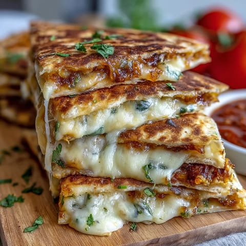 Crispy mini quesadilla triangles filled with melted cheddar and mozzarella, served with fresh tomato salsa for dipping.
