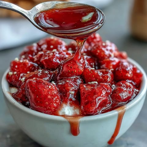 Fresh strawberry compote drizzled over creamy Greek yogurt with crunchy nuts and honey.