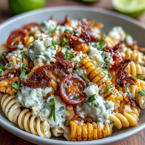 Creamy Mexican Street Corn Elote Pasta Salad with charred corn and cotija cheese, served in a vibrant lime dressing.