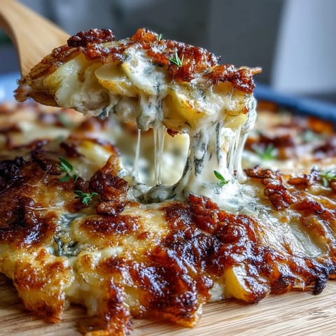 Creamy Au Gratin Potatoes baked to golden perfection with bubbling Gruyère and Parmesan cheese