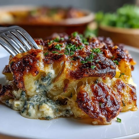 Layers of tender Yukon Gold potatoes baked in rich cream sauce with melted Gruyère cheese topping