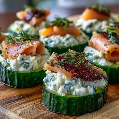 Fresh cucumber bites topped with creamy dill cream cheese and smoked salmon, garnished with capers for a zesty, elegant appetizer.