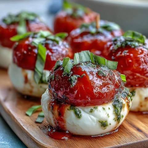 Caprese skewers with pesto drizzle: juicy cherry tomatoes, creamy mozzarella, and fresh basil on skewers, drizzled with vibrant basil pesto.  