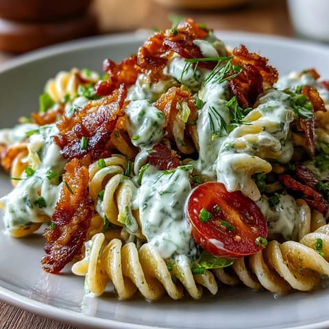 Creamy BLT pasta, showcasing crispy bacon, juicy tomatoes, and cool, fresh greens.
