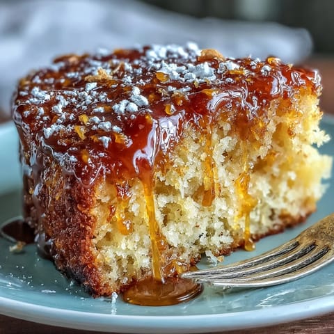 A moist whole orange cake with vibrant citrus aroma, dusted with powdered sugar and ready to slice.  