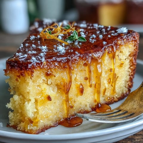 Slices of golden whole orange cake served on a rustic plate, showcasing tender crumb and fresh citrus zest.  