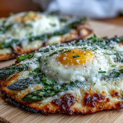 Golden flatbread baked with tender asparagus spears and a perfectly runny egg, finished with fresh herbs.  