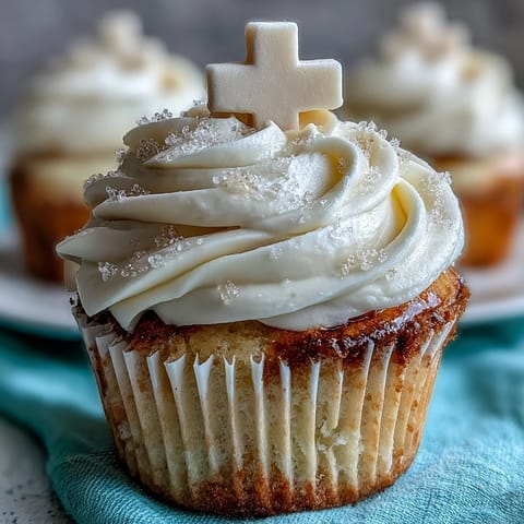 Decadent Communion cupcakes with creamy frosting and delicate white fondant crosses.