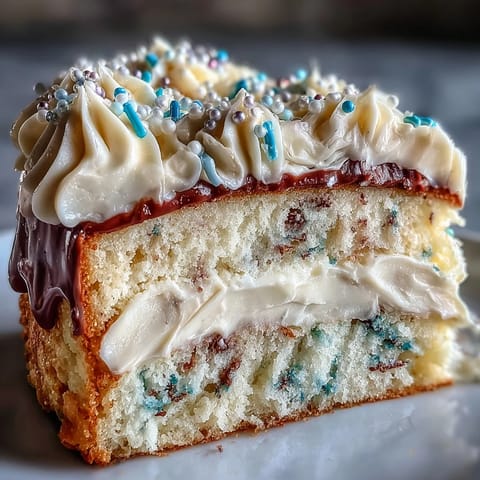 Class of 2026 Confetti Cake's vibrant layers and bubbly champagne frosting ready for celebration.