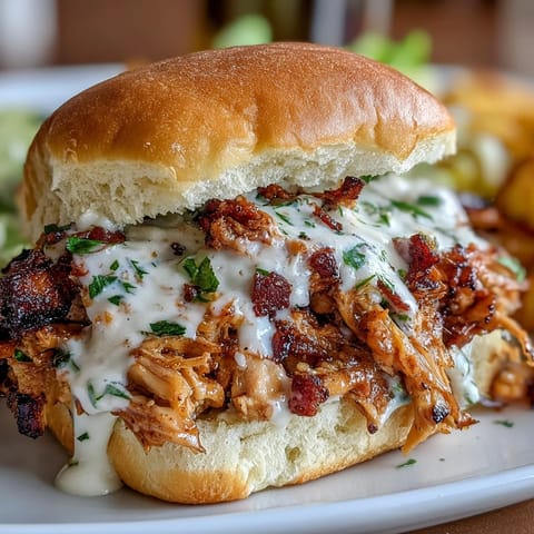 Tender smoked pulled chicken sandwiches dripping with creamy white BBQ sauce.
