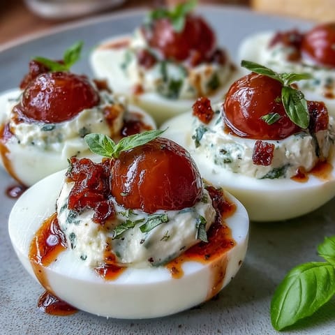 Caprese Deviled Eggs with basil oil, showcasing vibrant tomato and mozzarella topping.
