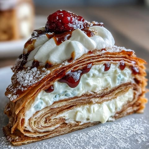 Beautifully layered crepe roll cake with delicate crepes, fresh berries, and fluffy whipped cream filling, perfect for special occasions.