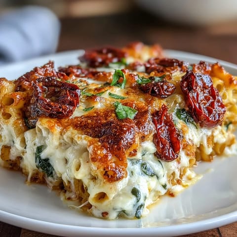 Golden baked Sun-Dried Tomato Pasta Bake with melted cheese, ready for dinner.