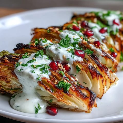 Tender cabbage wedges charred on the grill, served with a zesty lemon tahini sauce and topped with bright parsley and juicy pomegranate seeds.  