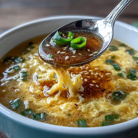 Silky Homemade Egg Drop Soup with tender egg ribbons and fresh green scallions.