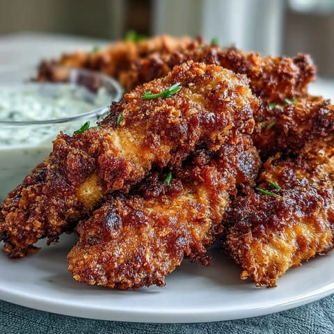 Golden-brown Pickle Brine Chicken Tenders showcasing a thick, crispy coating.