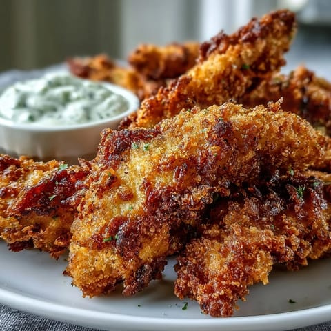 Crispy Pickle Brine Chicken Tenders ready to be dipped with side sauces.