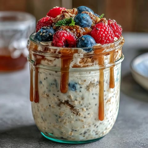 Enjoy hearty high fiber overnight oats, topped with vibrant fresh berries.
