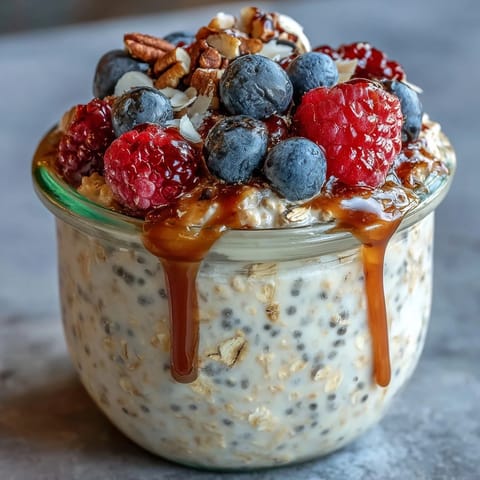 Creamy high fiber overnight oats with plump berries and whole grains.