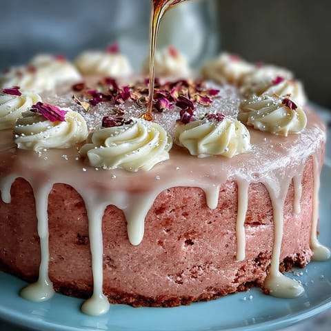 Elegant pink velvet cake with sweet rosé flavor, elegantly dripped in gold.