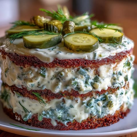 Savory Pickle Cake with dill frosting, a surprising appetizer, ready to be sliced.
