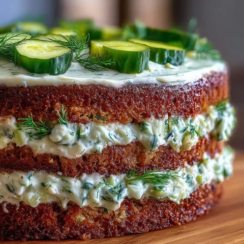 A moist Pickle Cake, generously frosted with tangy dill cream, looks delicious.