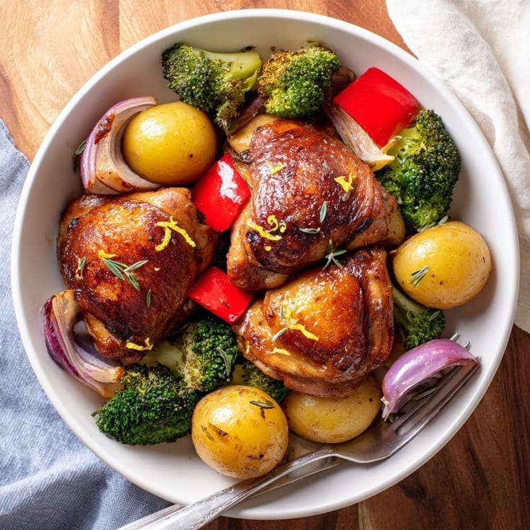 American-style Honey Lemon Roasted Chicken Sheet Pan surrounded by roasted red peppers and lemon wedges for dinner.