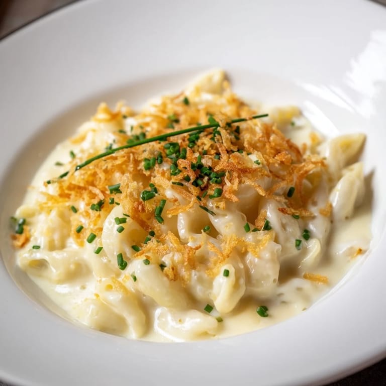 A comforting bowl of golden creamy stove-top mac and cheese, perfectly coated with cheese.