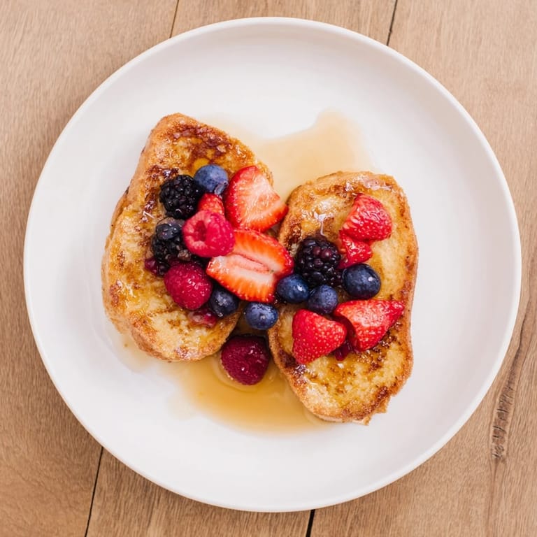 Enjoy a taste of this delicious French toast: crispy edges, fluffy inside, topped with berries and syrup.