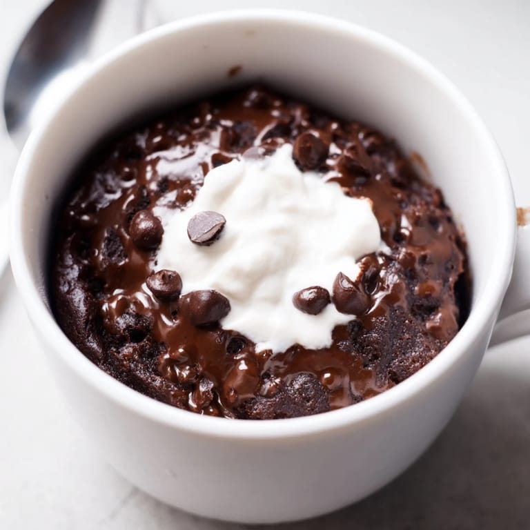 Close-up of a decadent, moist chocolate mug cake with a rich, dark cocoa flavor.