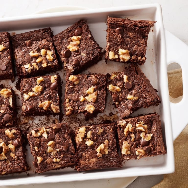 Close-up of baked Fudgy Walnut Brownies, showing a rich, dark chocolate color and textural details.