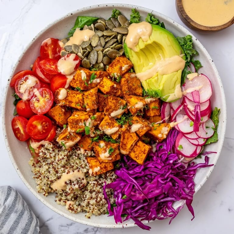 Vibrant complete veggie bowl showcasing a colorful array of ingredients and a tempting tahini vinaigrette.