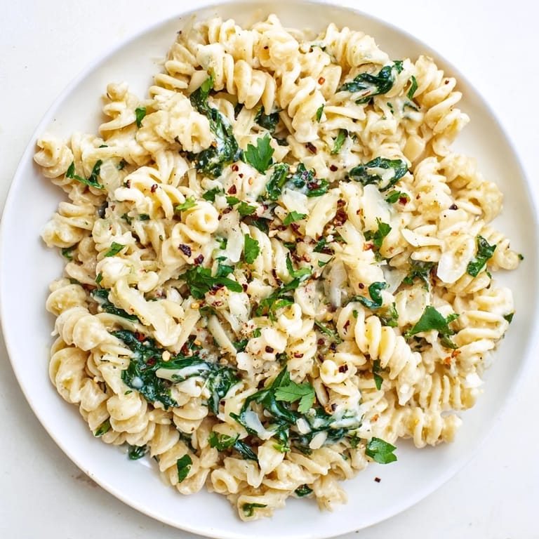 A steaming bowl of Magic Casserole, pasta loaded with creamy cheese and fresh, vibrant spinach.
