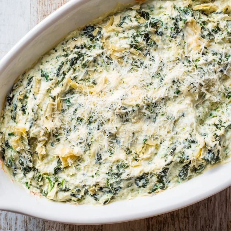 Golden-brown Warm Spinach and Artichoke Dip, showcasing the creamy texture and delicious melting cheese.