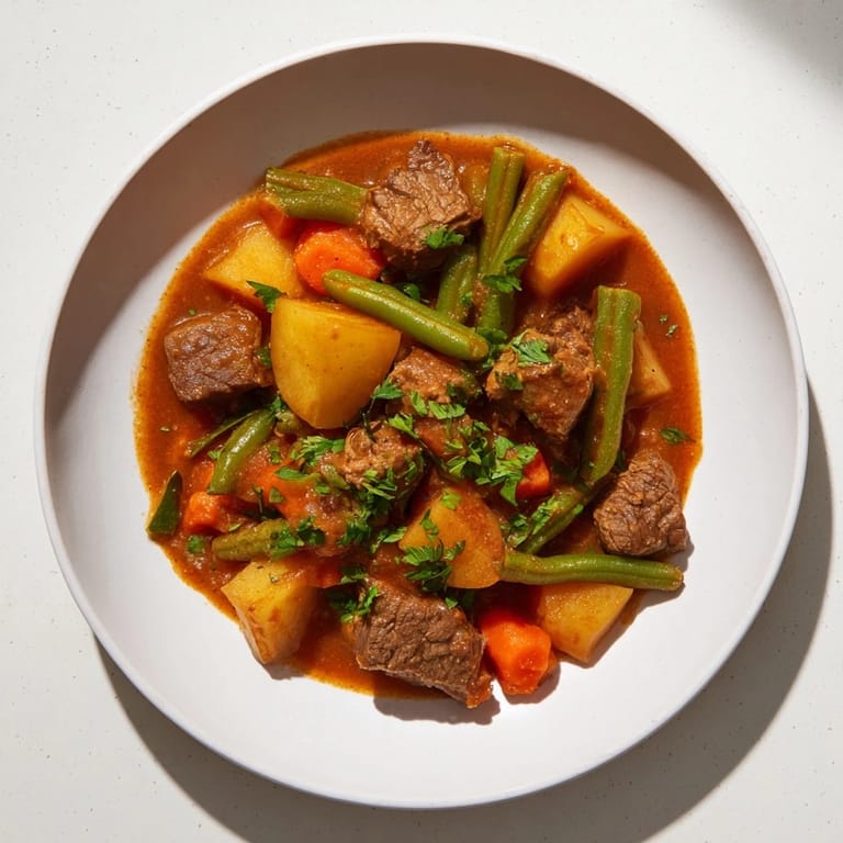 A close-up of pressure cooker beef and vegetable stew, showcasing the rich, savory broth.