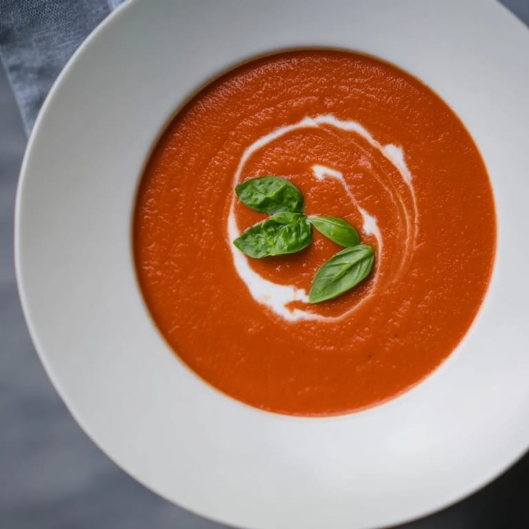 Creamy homemade tomato and basil soup, a vegetarian delight, ready to warm you up inside.
