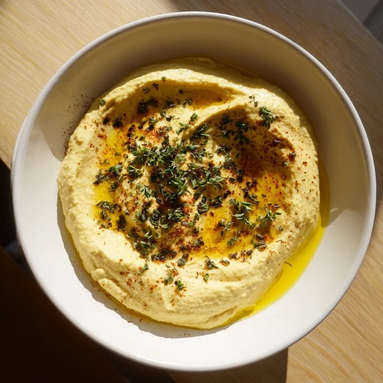 A close-up view of the perfectly blended Perfect 5-Minute Homemade Hummus, smooth and ready to scoop.