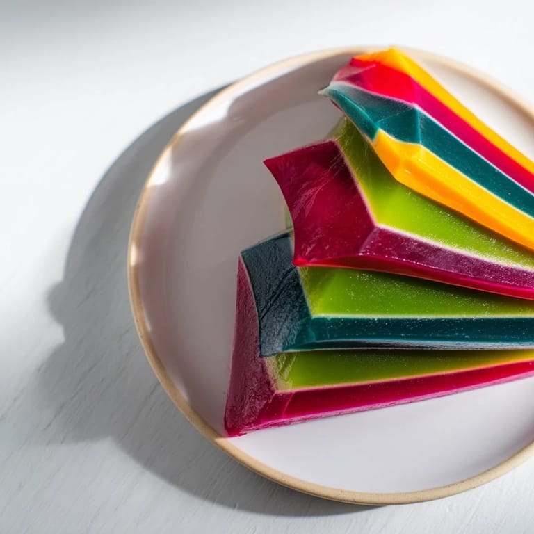 This chilled Kaleidoscope dessert image displays colorful, V-shaped layers, perfect for a special treat.
