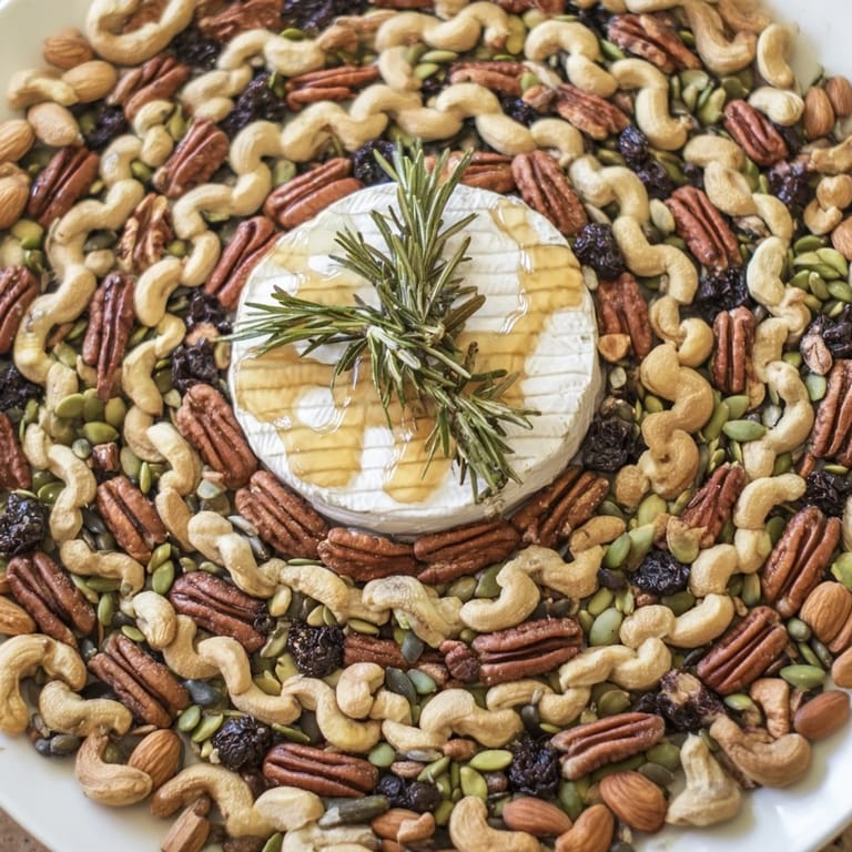 This appetizing photo displays The Labyrinth, a party-ready arrangement of nuts, seeds, and cheese.