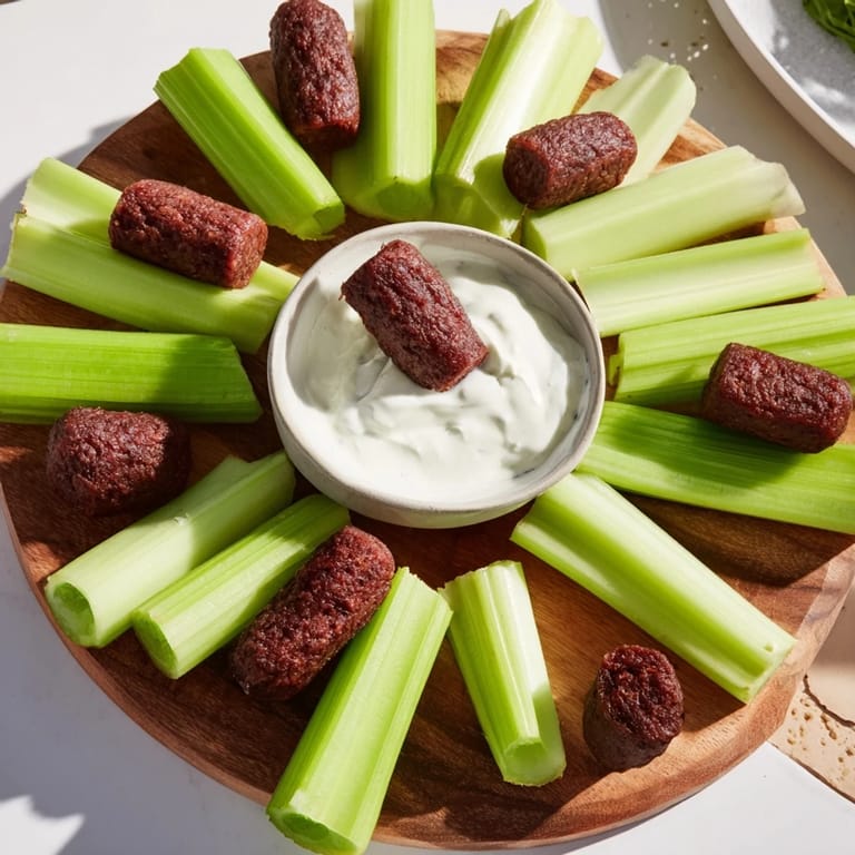 This vibrant The Rustic Wheel appetizer features crunchy celery and meat sticks, perfect for dipping and easy entertaining.