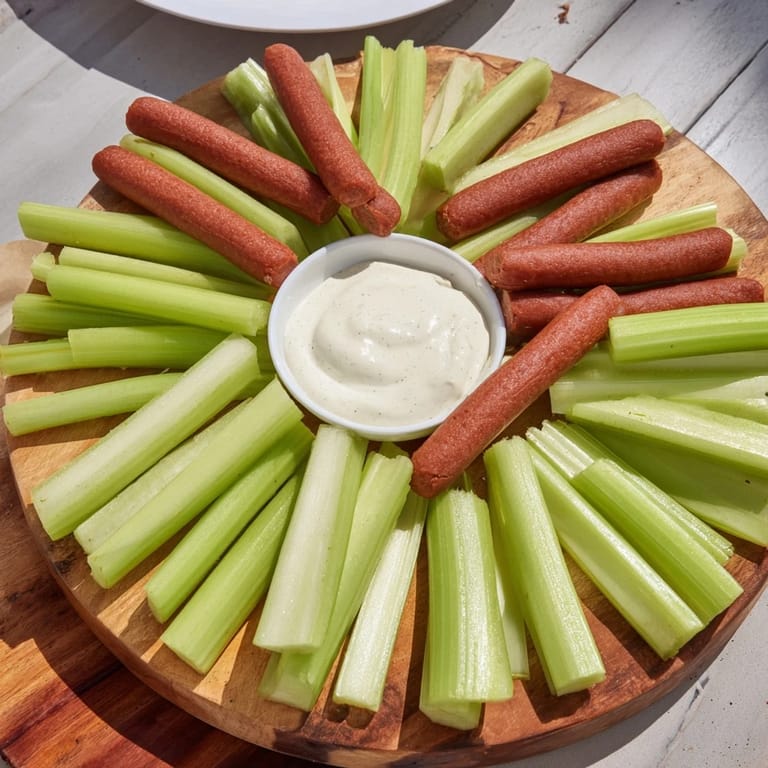 Enjoy a delightful The Rustic Wheel experience with celery, meat sticks, and your favorite dips on a round platter.
