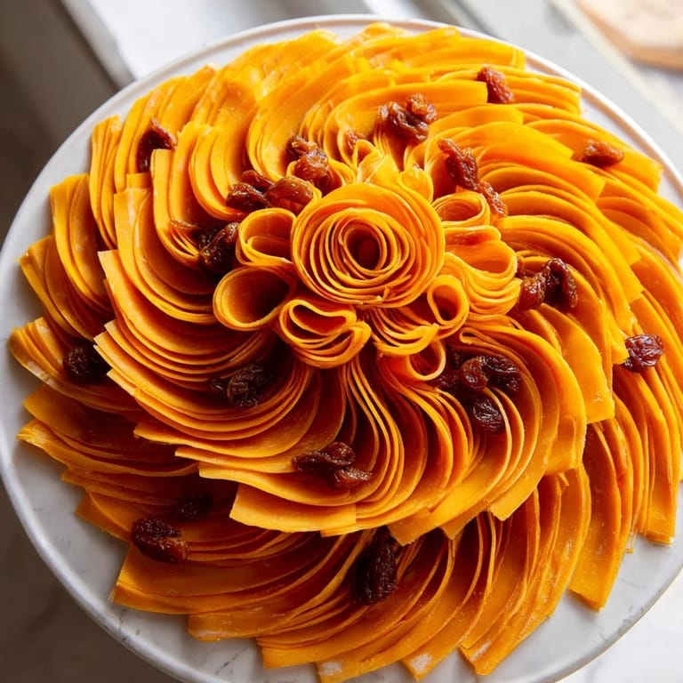 Beautifully arranged The Copper Coil cheese appetizer, featuring overlapping cheddar and apricot ribbons.