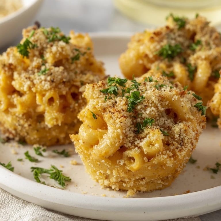 A dozen individual, bite-sized Tinis Mac and Cheese muffins fresh from the oven, ideal snacks.
