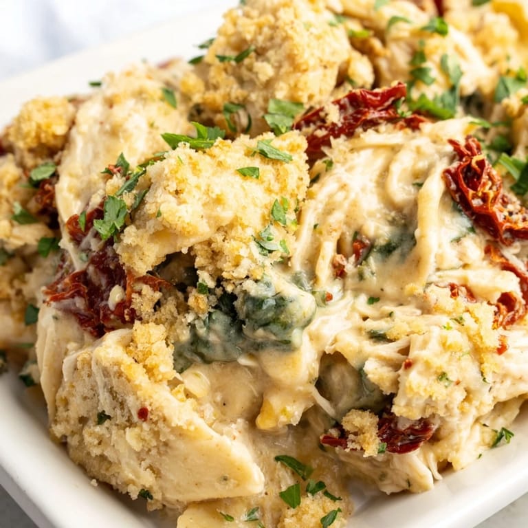 A warm, comforting scene: Marry Me Chicken Casserole bubbly with melted cheese and tomatoes.