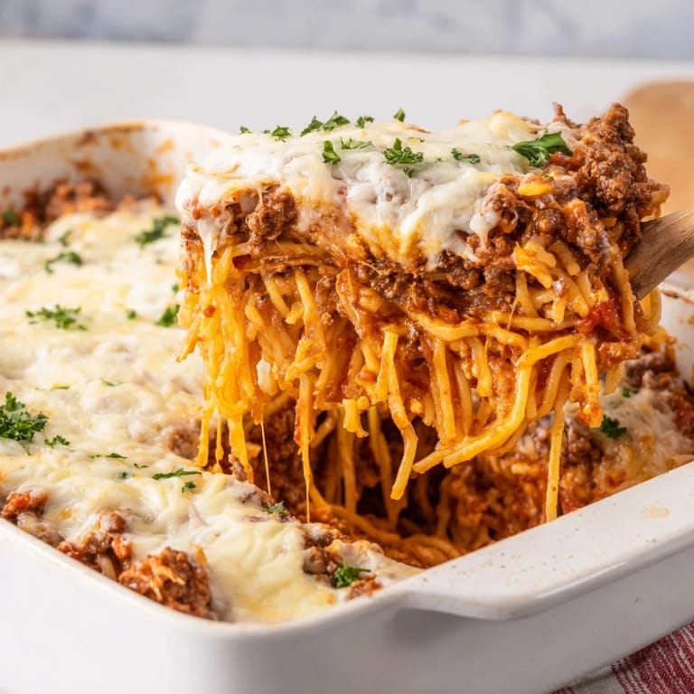 Tinis Baked Spaghetti, a layered delight, features rich cheese and spaghetti, served hot, delicious comfort food.