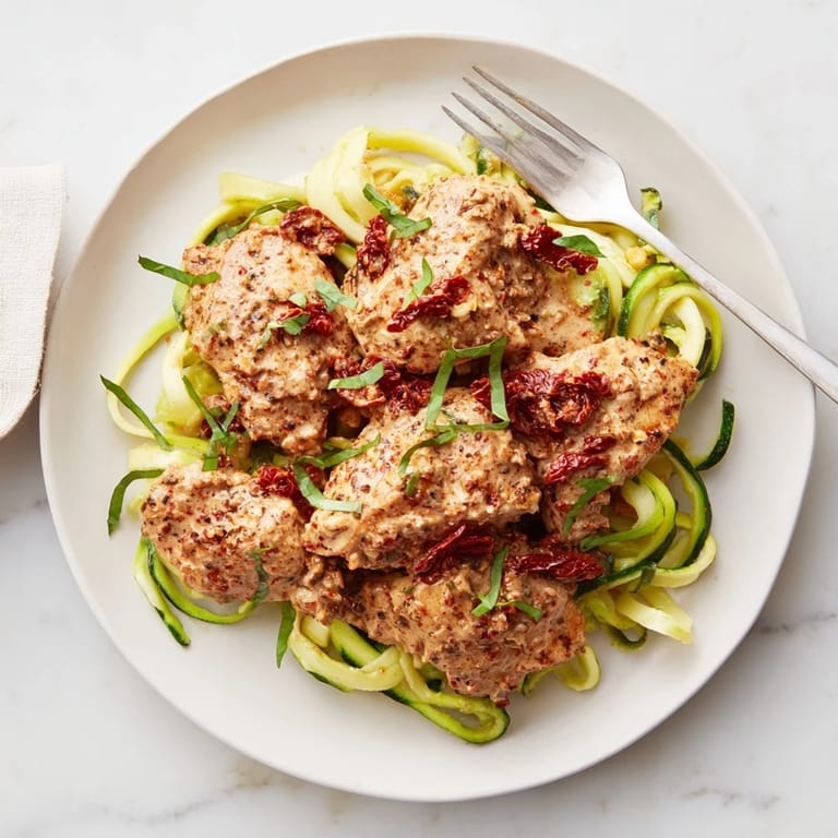 A gourmet plated meal: creamy Marry Me Chicken Zoodles, garnished with fresh basil and Parmesan cheese.